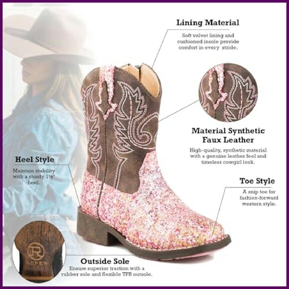 Girls Mid Calf Western Boots with Glitter Design and Side Zipper - Picture 8 of 8